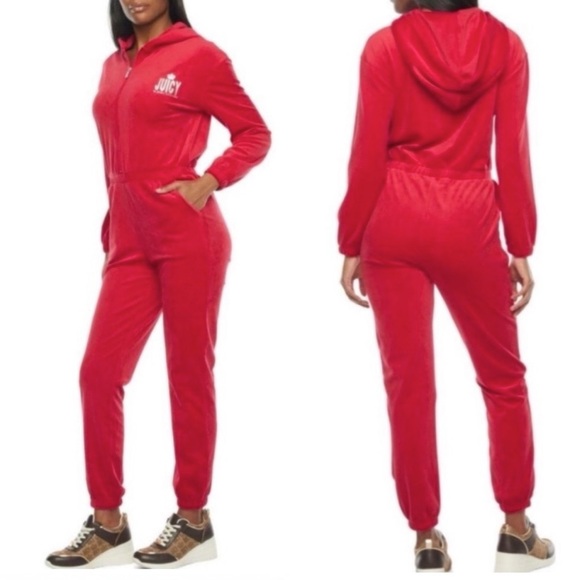 Juicy Couture Pants - Juicy By Juicy Couture Red Velour Long Sleeve Jumpsuit Size XXL